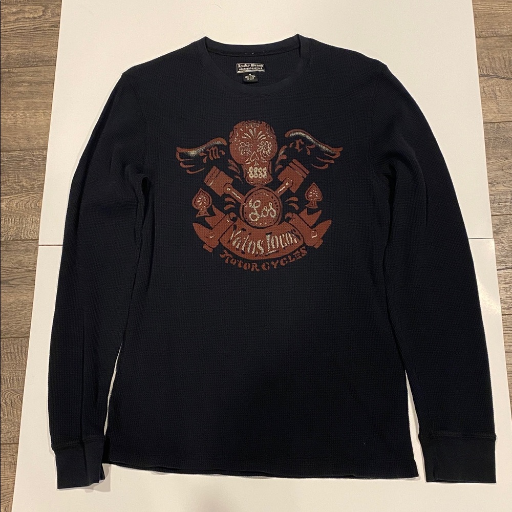 Lucky Brand Men's Black vatos locos motorcycle Graphic Long Sleeve Shirt size M